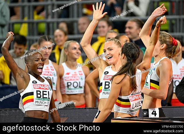 The Belgian Cheetahs 4x400m relay team pictured before the heats of the women's 100m hurdles race at the European Championships athletics, at Munich 2022