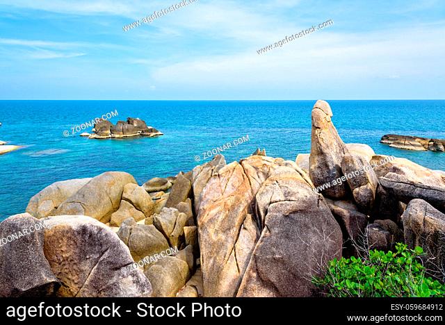 Hin Ta Hin Yai is a symbol famous tourist destinations, Beautiful rock coastline near the blue sea under the summer sky at Lamai beach of Koh Samui island