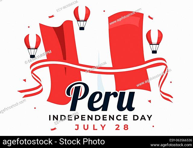 Peru Independence Day Vector Illustration on july 28 with Waving Flag in National Holiday Flat Cartoon Hand Drawn Landing Page Background Templates