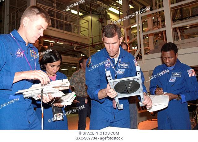 06/08/2002 -- -- During Crew Equipment Interface Test activities, the STS-107 crew looks at flight equipment in the Orbiter Processing Facility