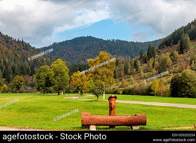 Landscape with wooden drinking fountain, green meadow, multi colored trees, mountain range with forest and blue sky with clouds nearby Menzenschwand