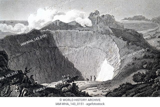 An engraving depicting Kilauea, Hawaii, the largest active volcano in the world. Dated 19th century