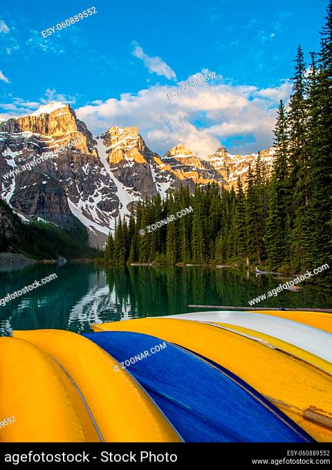 Colorful canoes at Moraine Lake, Banff National Park, Canada at sunrise