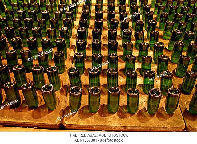 uncorked champagne bottles, Blancher warehouses, Sant Sadurni d'Anoia, Catalonia, Spain