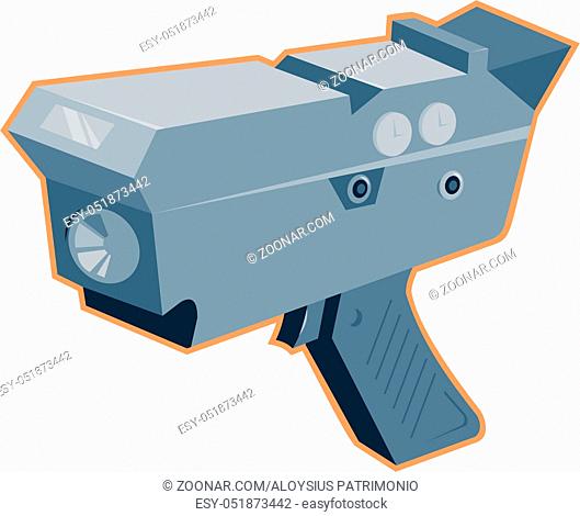 Illustration of a mobile speed camera radar gun viewed from a high angle done in retro style on isolated white background