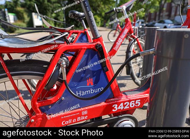 12 June 2023, Hamburg: Bikes from Stadtrad Hamburg are parked at a rental station in Hamburg. From Tuesday, June 13, users can borrow up to four bikes at a time...