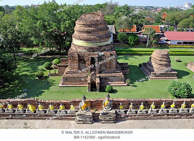 Buddha statues and gardens, Great Chedi Chaya Mongkol, Wat Yai Chai Mongkon, Ayutthaya, Thailand, Asia