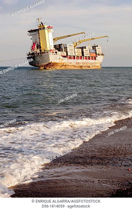 Container Ship Washed Up on Beach, El saler Beach, Valencia, Spain