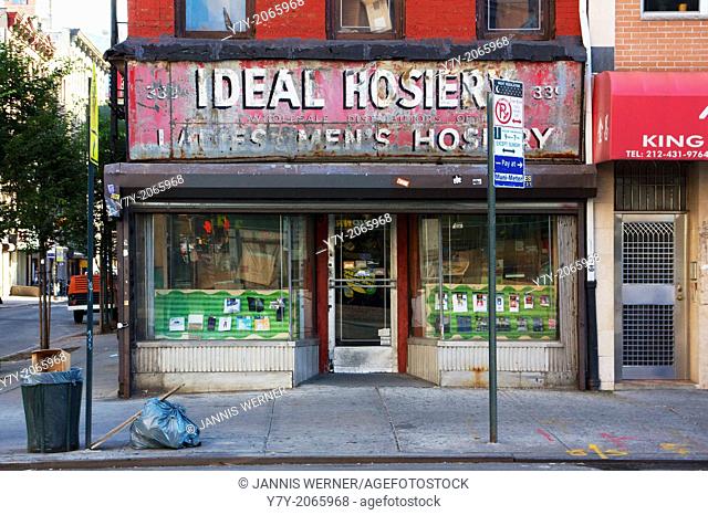 Shopfront of IDEAL HOSIERY, at 339 Grand Street, exemplary of the vanishing old Lower East Side of Manhattan, New York, NY, USA in August 2012