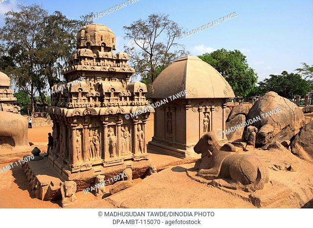 Pancha Rathas in foreground Nandi on right Draupadi Ratha and left Arjuna Ratha carved during the reign of King Mamalla (Narasimhavarman I; c