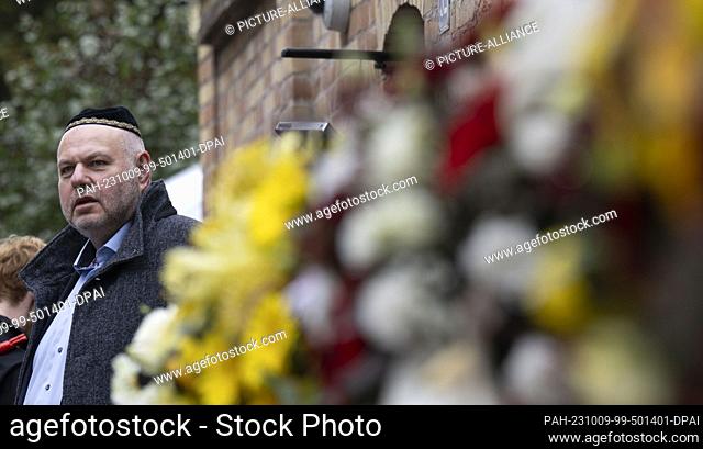 09 October 2023, Saxony-Anhalt, Halle (Saale): Max Privorozki, chairman of the Halle Jewish Community, takes part in the commemoration of the victims of the...