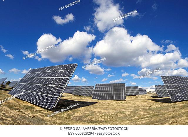 group of solar panels for production of renewable electrical energy in Saragossa province, Aragon, Spain