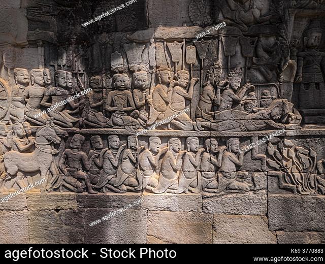 Bayon. Angkor Thom. Cambodia. . Bayon is a well-known and richly decorated Khmer temple at Angkor in Cambodia. Built in the late 12th century or early 13th...