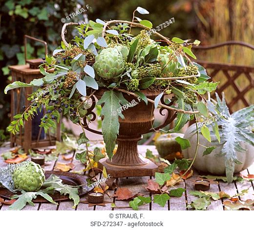 Artichokes, Hedera - ivy, Myrtus - myrtle branches with fruits