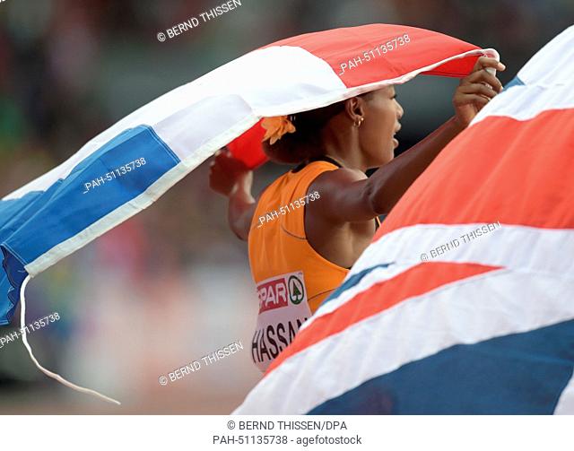 Sifan Hassan of the Netherlands celebrates after winning the women's 1500 meter final at the European Athletics Championships 2014 at the Letzigrund stadium in...
