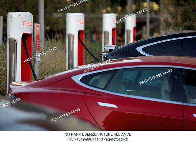 Tesla Supercharger station stalls at the Qualcomm parking lot in Sorrento Valley, where many high tech, biotech, and IT companies are located, in Febuary 2018