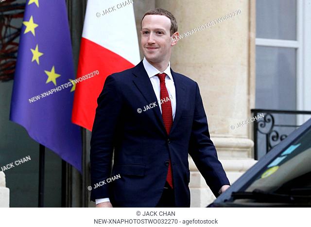 (190510) -- PARIS, May 10, 2019 (Xinhua) -- <span>Facebook</span> CEO Mark Zuckerberg leaves the Elysee Palace after a meeting with French President Emmanuel...