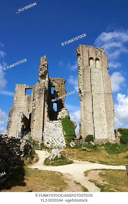 Medieval Corfe castle Keep cloase up, built in 1086 by William the Conqueror, Dorset England