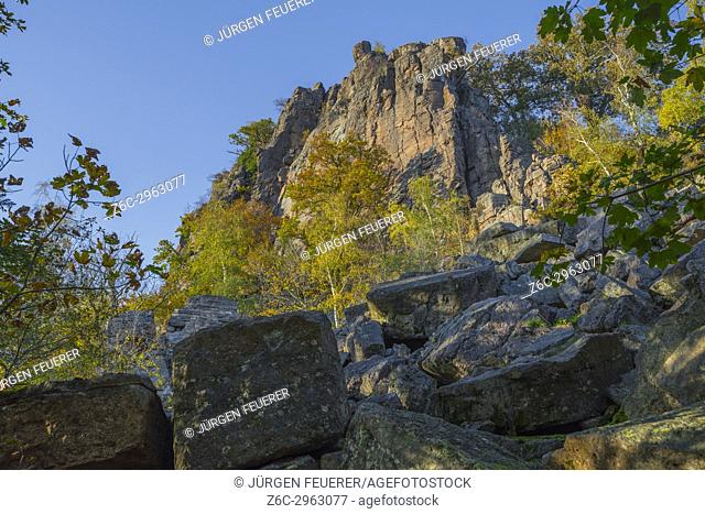 stone run and the climbing rocks of the Battert, nature reserve above the spa town Baden-Baden in the autumn light, outskirts of the Black Forest, Germany