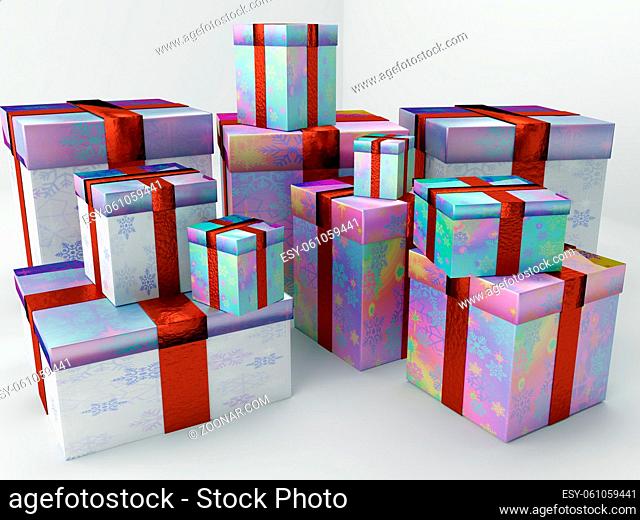 3D rendering of Bunch of Christmas present boxes over white background