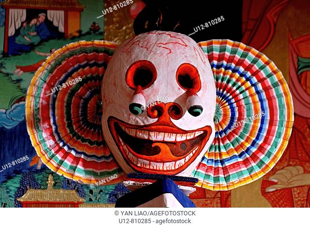 This buddhist mask is about to show the unevoidable death for us all.Used and worn during buddhist monastery festivals