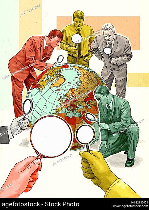 Group of businessmen looking at globe through magnifying glass