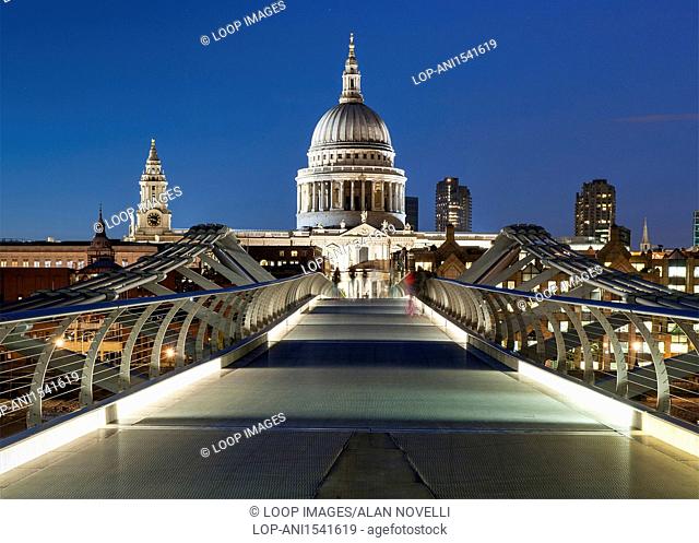London's Millennium Bridge leading to St Pauls Cathedral at night