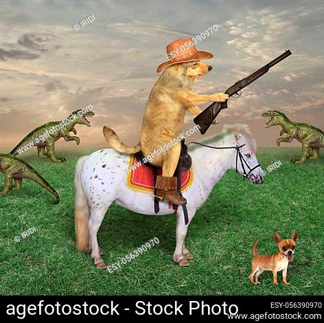The beige dog cowboy in a brown hat and boots astride the white horse grazes a herd of dragons on its ranch. He has a rifle