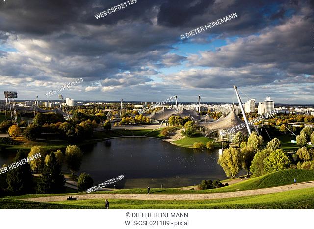 Germany, Bavaria, Munich, View to Olympic Park, Olympic Lake
