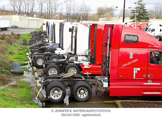 Trucks at a truck stop near the Port of Tacoma, Washington State, USA