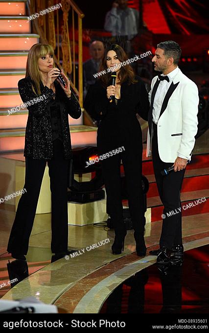 Milly Carlucci, Monica Bellucci and Simone di Pasquale during the semi-final of the broadcast Dancing With The Stars at the Rai Foro italico auditorium