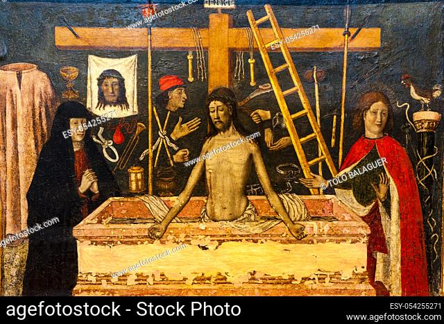 retablo de San Jorge, predela, Cristo varón de los dolores, años 1468-1470, Pere Niçard, óleo sobre madera, Palau Episcopal, -Museu DiocesÃ  de Mallorca-