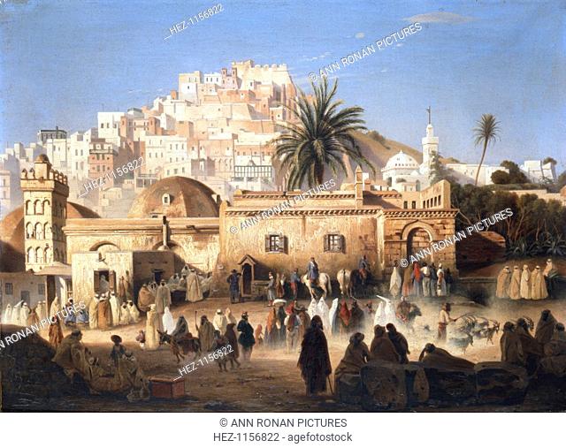 'Mosque of El Mecolla, Algiers', c1821-1849. A mosque viewed from a busy street