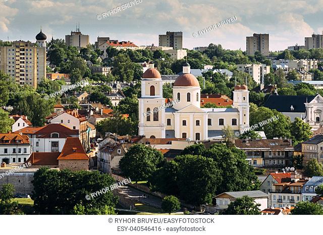 Vilnius, Lithuania. Aerial View Of The Bastion Of Vilnius City Wall And Orthodox Church Of The Holy Spirit In Summer Day