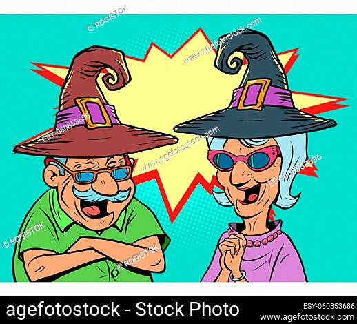 An old man and an old women couple in halloween hats laugh. love and friendship. comic cartoon illustration vintage hand drawing