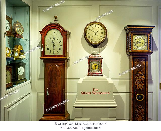 Longcase and other antique clocks on display at the premises of Carter Marsh and Co. in Winchester, England (Permission to photograph kindly given by Andrew...