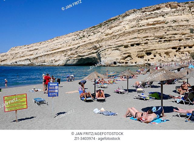 famous Matala beach on Crete, Greece