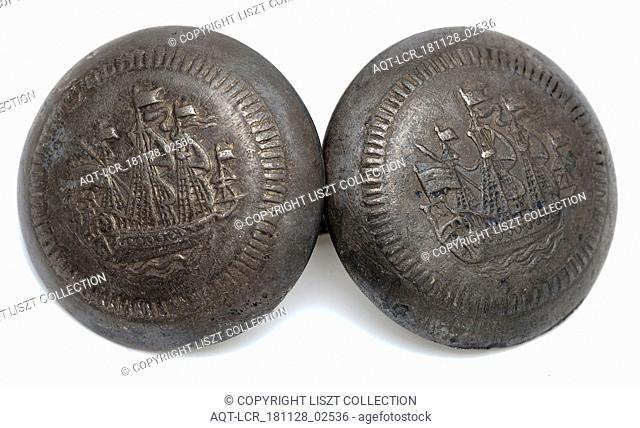 Two linked silver buttons with embossed three-master, knot clothing accessory clothing soil find silver metal, Rotterdam rail tunnel close dress show off Soil...