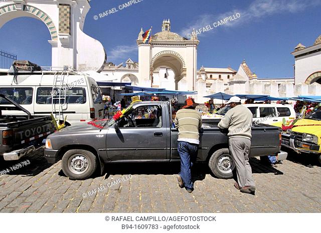 Basilica of Our Lady of Copacabana. Copacabana is the main Bolivian town on the shore of Lake Titicaca.  Our Lady of Copacabana is the patron saint of Bolivia