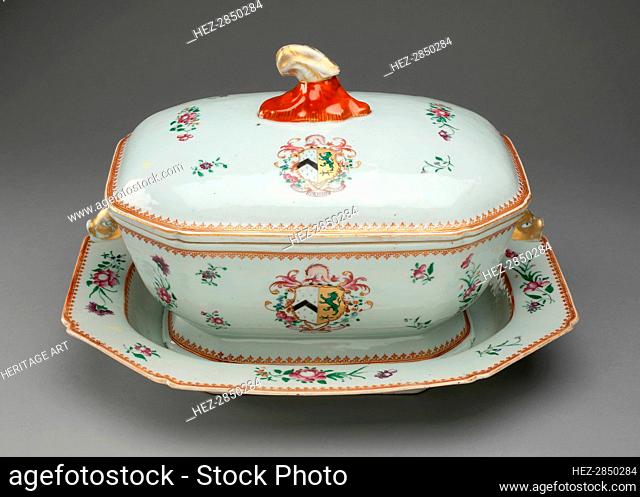 Covered Tureen and Stand with the Arms of French Impaling Sutton, China, c. 1765. Creator: Jingdezhen Porcelain