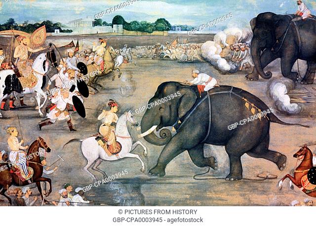 India: The court of Shah Jahan loved elephant fights. In this painting, an elephant called Sudhakar faces down the forces of Prince Aurangzeb