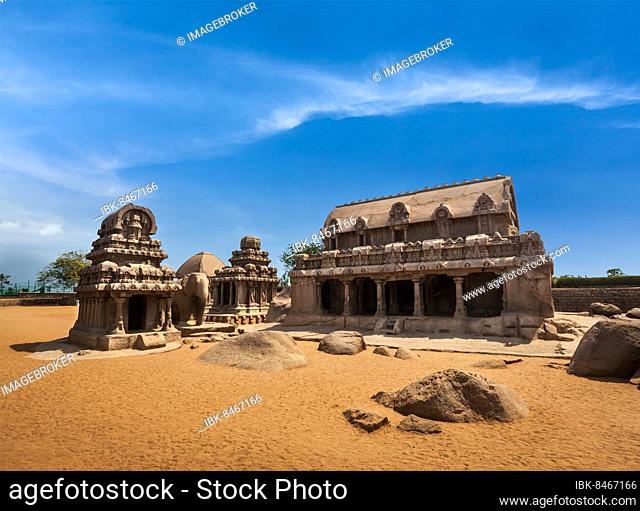 Five Rathas, ancient Hindu monolithic Indian rock-cut architecture. Mahabalipuram, Tamil Nadu, South India