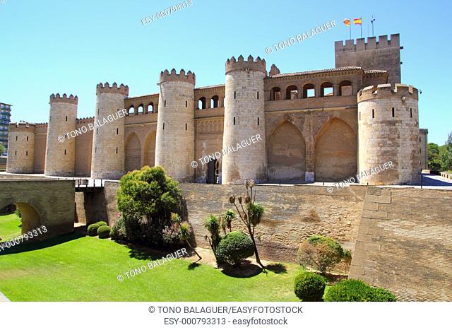 Aljaferia palace castle in Zaragoza Spain Aragon outdoor blue sky