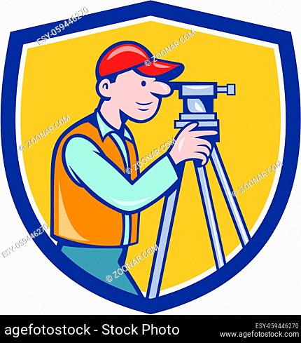 Illustration of a surveyor geodetic engineer looking through theodolite instrument surveying viewed from side set inside shield crest done in cartoon style
