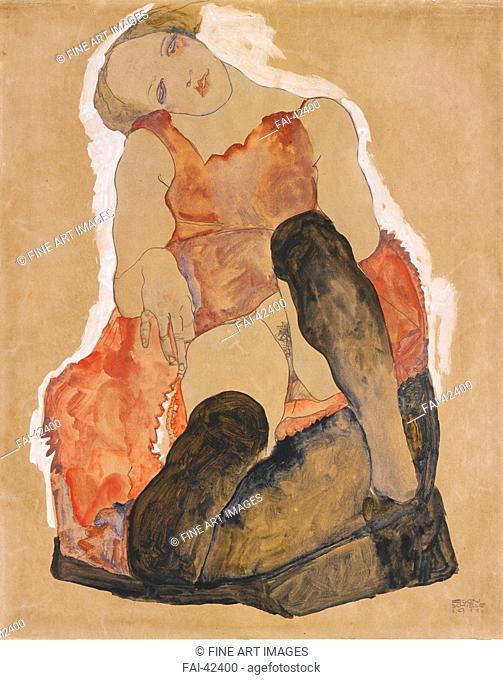 Girl with black stockings by Schiele, Egon (1890-1918)/Gouache on paper/Expressionism/1911/Austria/Private Collection/Genre/Painting/Mädchen mit schwarzen...