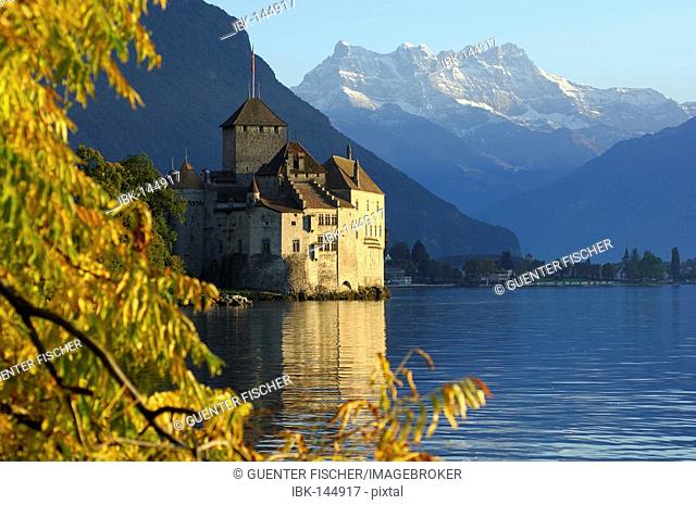 Castle Chillon at Lac Leman and peak Dents du Midi, Veytaux, Montreux, Switzerland