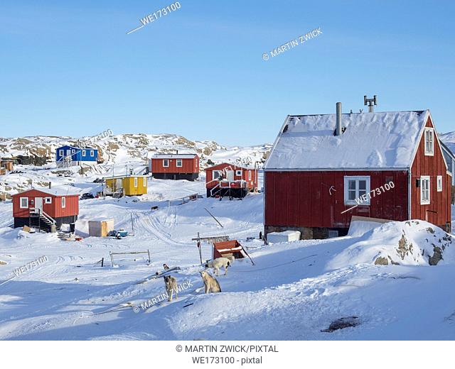 The fishing village Saatut during winter in the Uummannaq fjordsystem north of the polar circle. America, North America, Greenland, Denmark