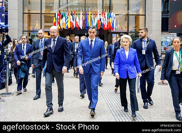 European Council President Charles Michel, Prime Minister of Spain Pedro Sanchez and European Commission President Ursula Von der Leyen pictured during a...