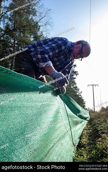24 February 2021, Saxony-Anhalt, Jerichow: Eckard Splieth is helping to build a toad fence as a volunteer for the Jerichower Land district association of NABU
