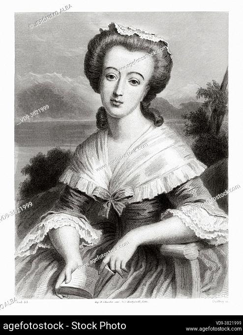 Retrato de Madame Necker. Suzanne Curchod (1737-1794) fue una peluquera y escritora franco-suiza. Fue sede de uno de los salones más famosos del Antiguo Régimen